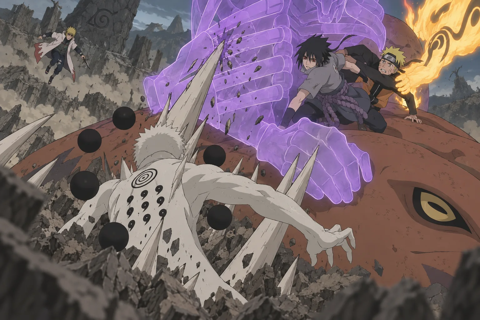 第03章无法抹去的伤插画：十尾人柱力带土从地下突袭，佐助以须佐能乎肋骨护住鸣人，黑色尖刺压在紫色骨架上。
